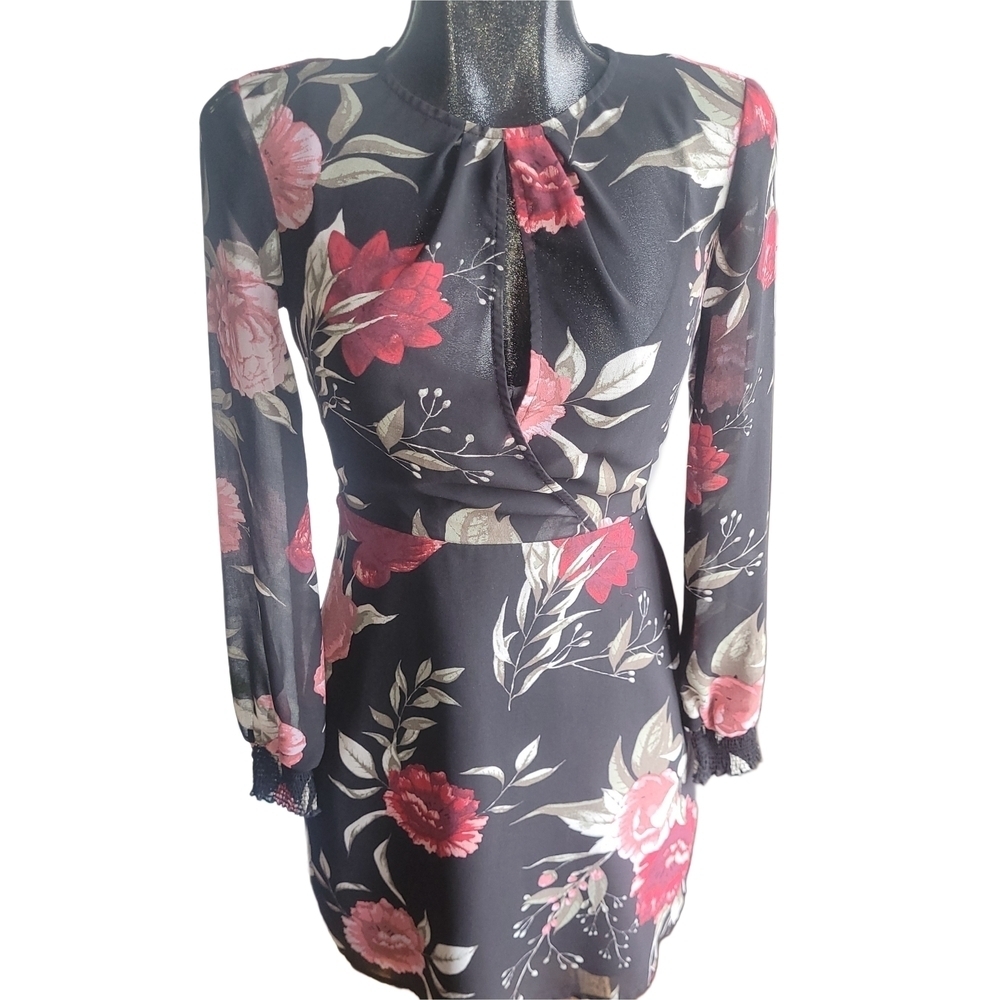 Dynamite Black Floral Dress With Peek-a-boo Front Slit Size XS